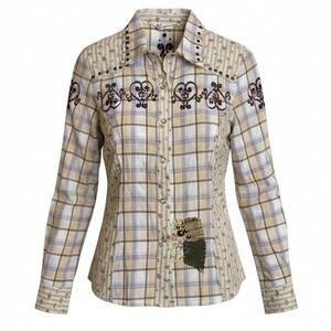DAY TRIP‎ Western Distressed Plaid Embroidered Snap Shirt MED Cowgirl Rodeo Boho